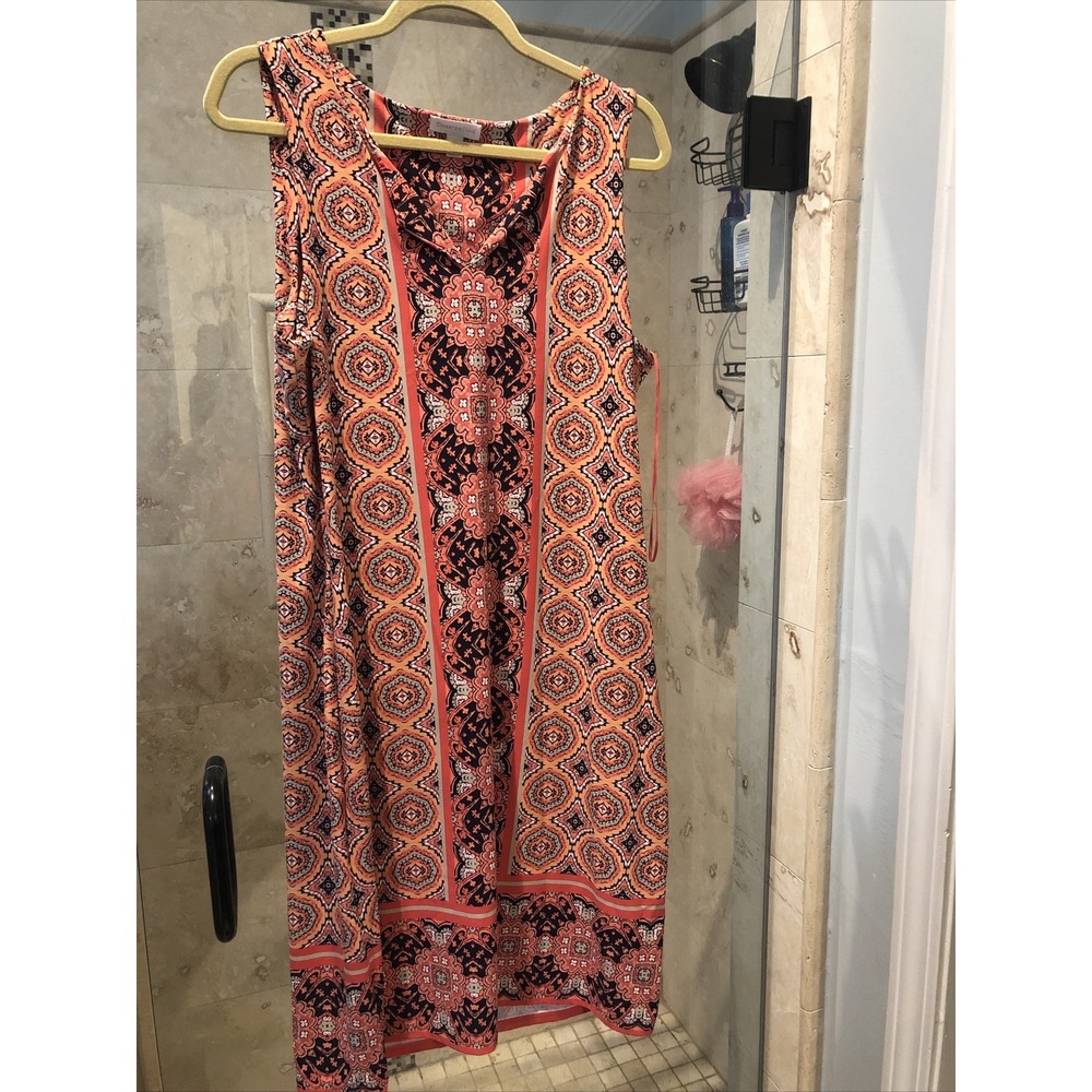 Charter Club Floral Print Sheath Dress Pink Orange Tan Black L Large Sleeveless